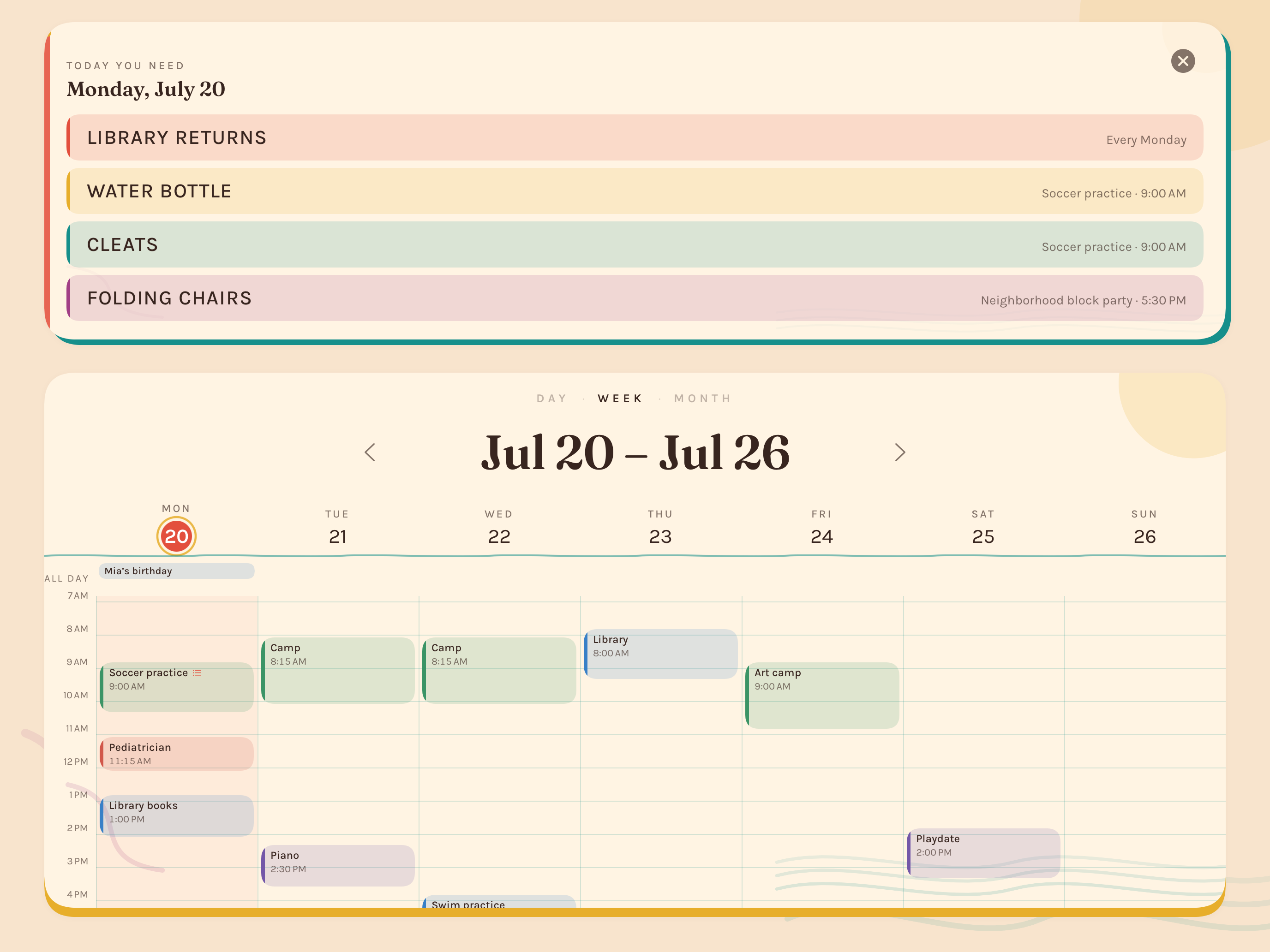 Lightkeep showing a Did You Forget checklist above the family week